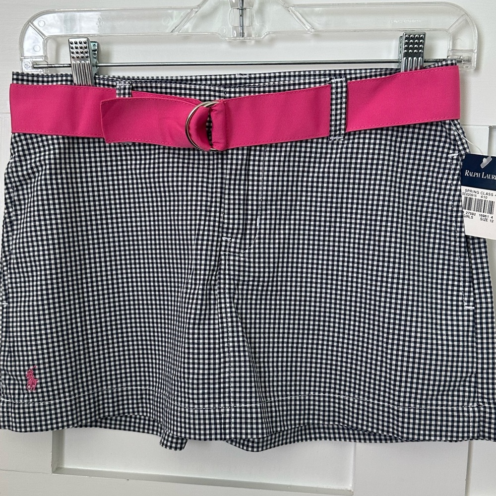 Polo RL NWT Girls Size 12 Navy/White Gingham Skort with Pink Ribbon Belt